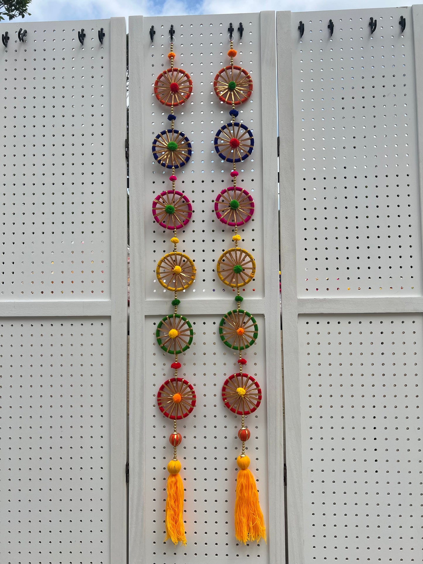 (Pack of 2) Handmade Wall Door Hanging Latkan Pom Pom String With 6 Chakri Traditional Decoration for wedding, Party, Baby Shower, House Warming, Festival Decoration, Pooja Event, Bandhanwar (Height ~ 4 FT)