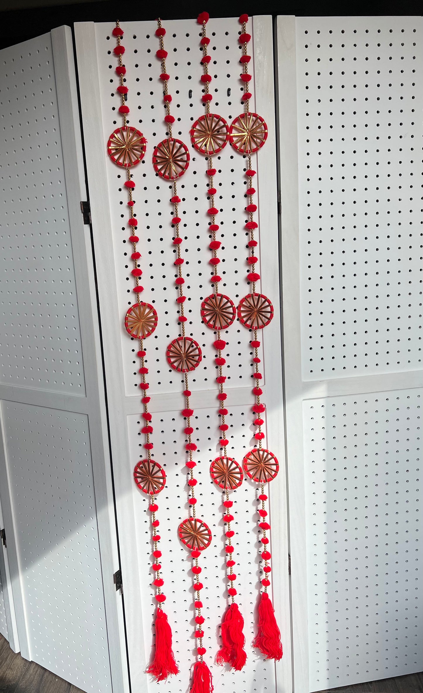 (Pack of 2) Handmade Wall Door Hanging Latkan Pom Pom String With 3 Chakri Tassel Traditional Decoration for wedding, Party, Baby Shower, House Warming, Festival Decoration, Pooja Event, Bandhanwar (Height ~ 4 FT)