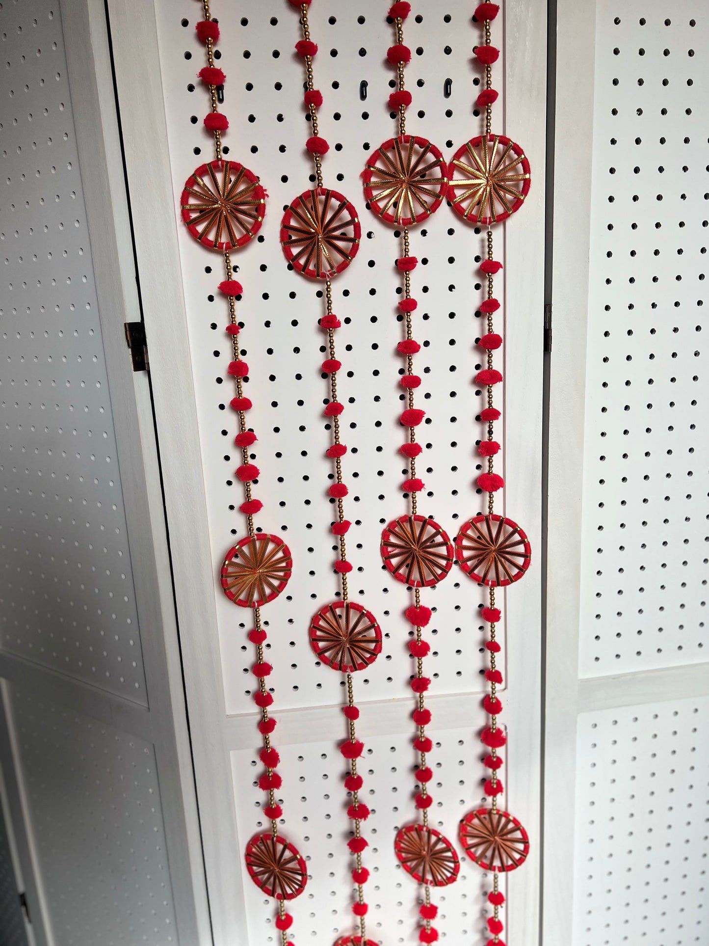 (Pack of 2) Handmade Wall Door Hanging Latkan Pom Pom String With 3 Chakri Tassel Traditional Decoration for wedding, Party, Baby Shower, House Warming, Festival Decoration, Pooja Event, Bandhanwar (Height ~ 4 FT)