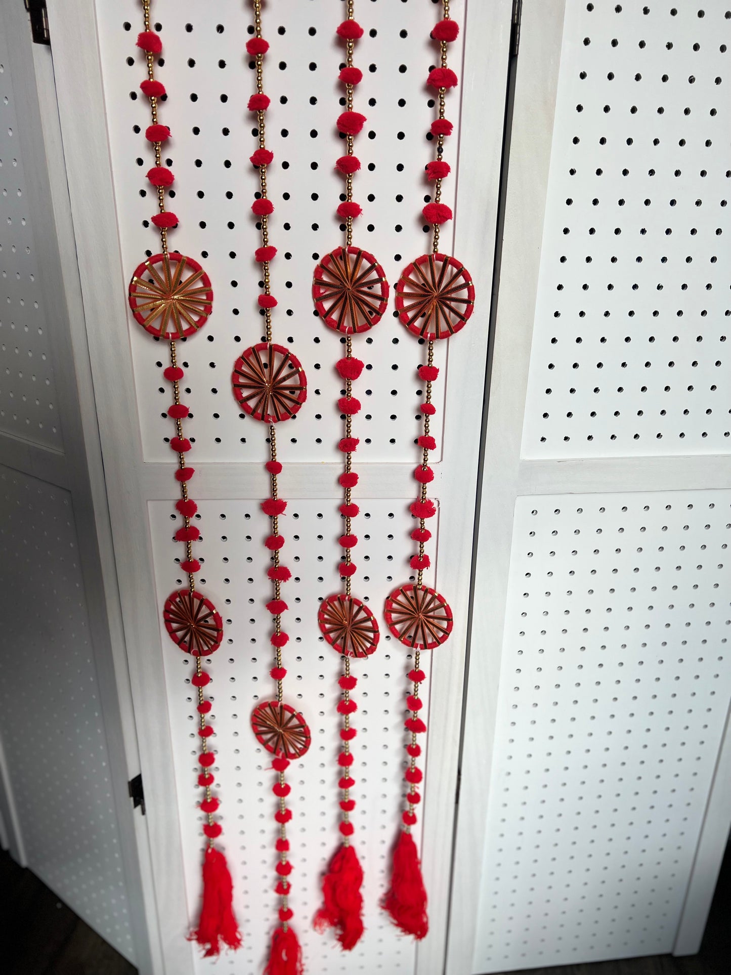 (Pack of 2) Handmade Wall Door Hanging Latkan Pom Pom String With 3 Chakri Tassel Traditional Decoration for wedding, Party, Baby Shower, House Warming, Festival Decoration, Pooja Event, Bandhanwar (Height ~ 4 FT)