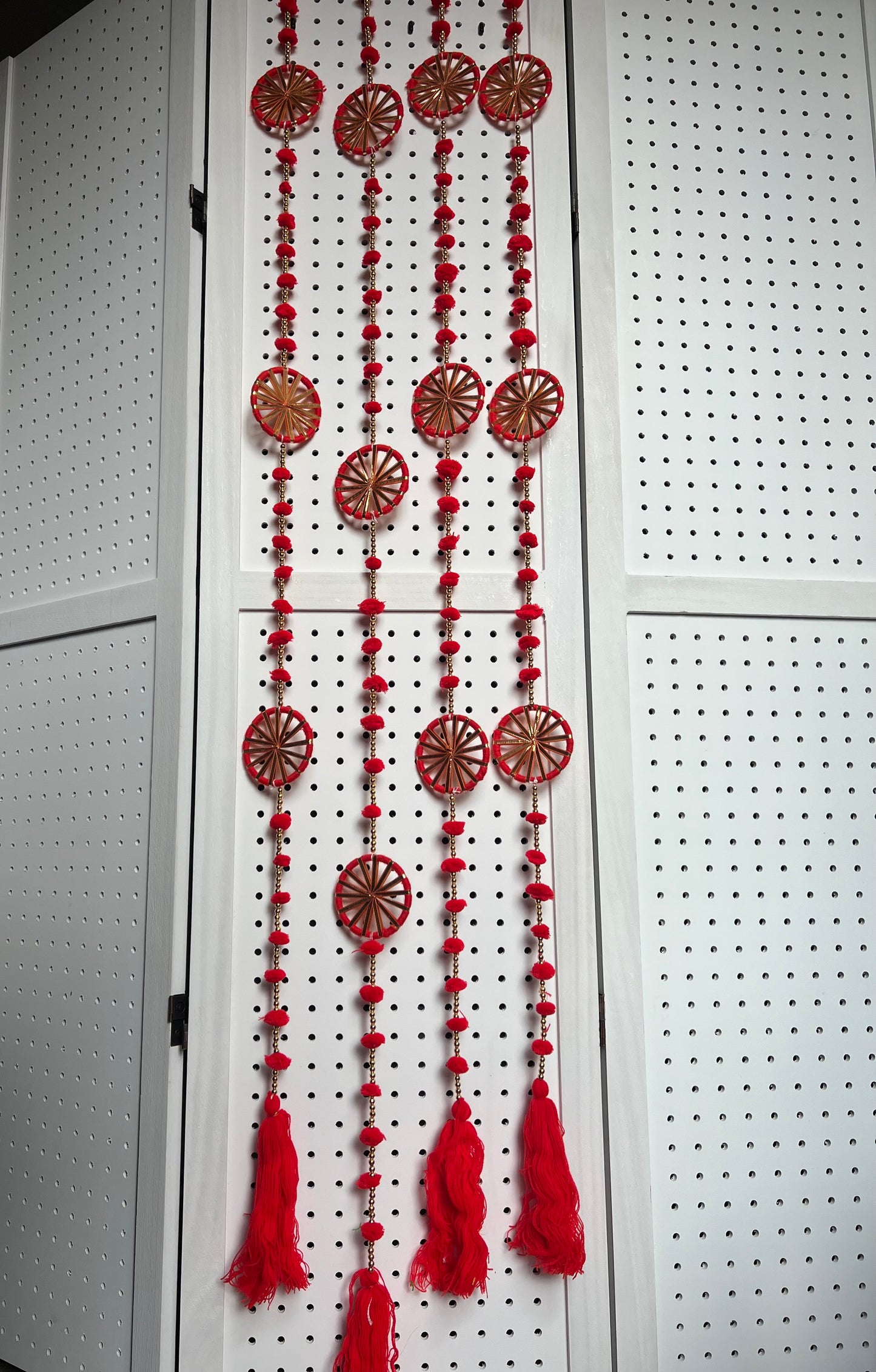 (Pack of 2) Handmade Wall Door Hanging Latkan Pom Pom String With 3 Chakri Tassel Traditional Decoration for wedding, Party, Baby Shower, House Warming, Festival Decoration, Pooja Event, Bandhanwar (Height ~ 4 FT)
