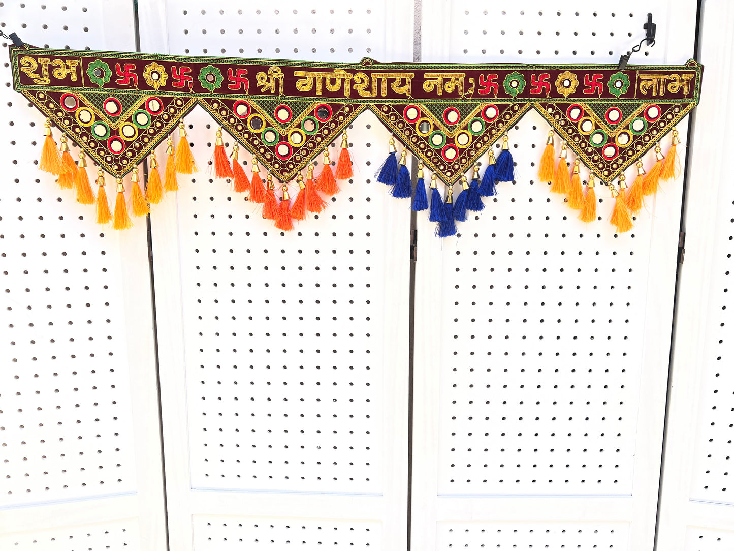 Shubh Labh Ganesha Toran Bandanwar Door Wall Cloth Hanging Traditional Indian Home Office Temple Pooja Deepawali Festival Decor Decoration Gifting