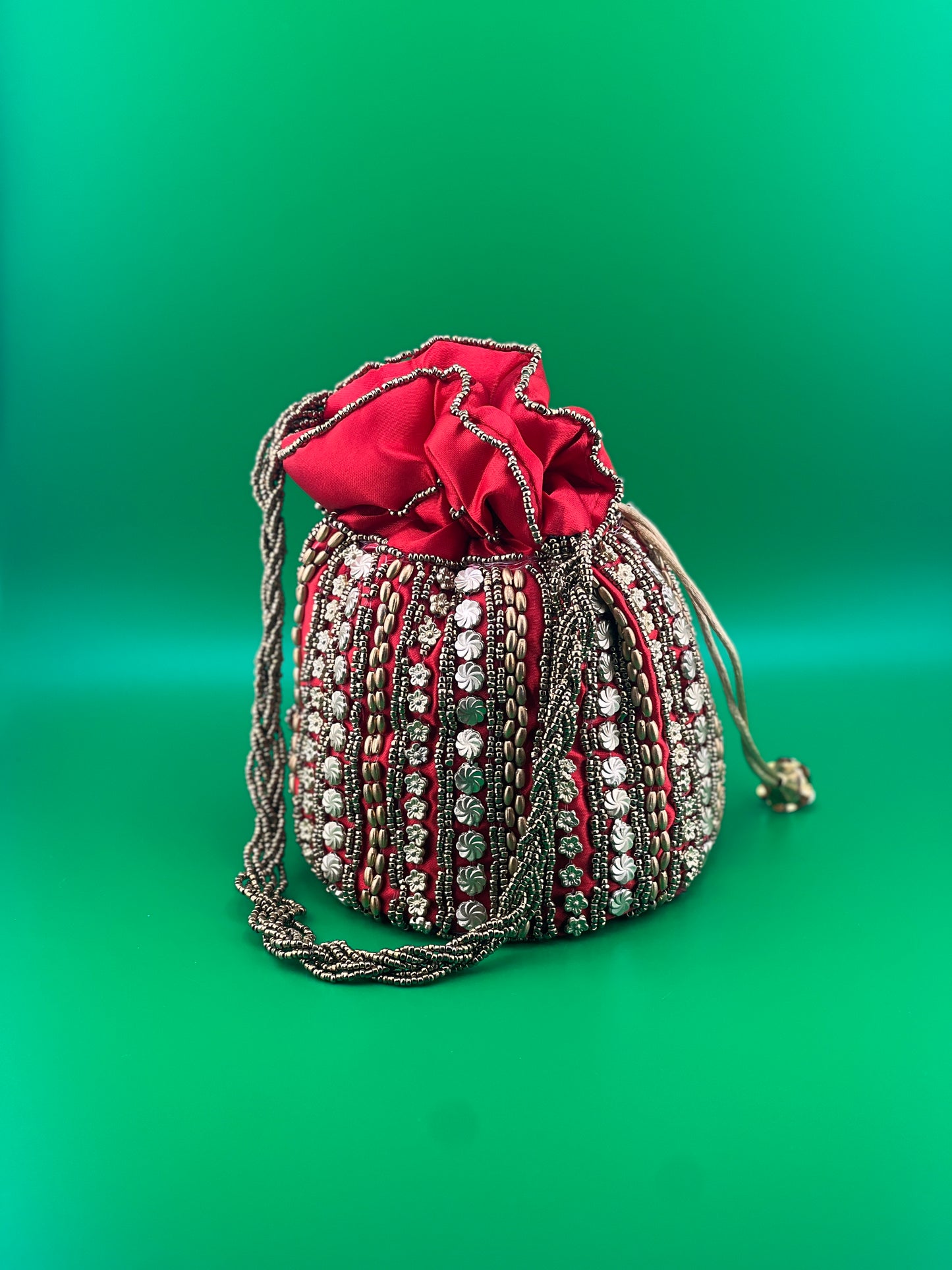 Bottom Flat Designer Ethnic Silk Indian Wedding Potli Bag, Silk Embroidery | Indian Ethnic Potli Bag | Hand Bag | Hand Purse for Party Wedding and Gifting | Women Potli Bag | Pouch | Coin | Phone | Key | Jewellery Purse for Women & Girls