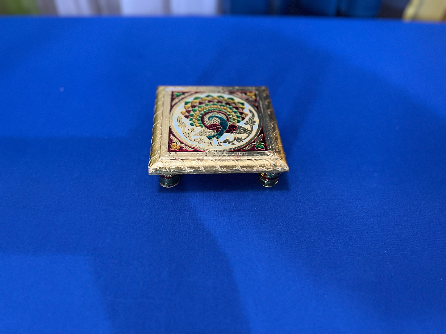 Oxidized Meenakari Bajot Decorative Pooja Chowki Beautiful Handmade Bajot Indian Wooden Chowki God Sitting Stool Traditional Pooja Stool Wooden Handmade Meenakari Work Pooja Chowki
