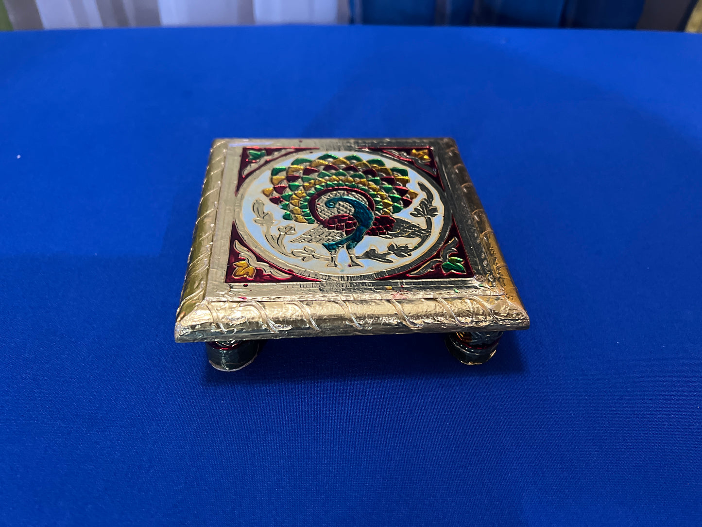 Oxidized Meenakari Bajot Decorative Pooja Chowki Beautiful Handmade Bajot Indian Wooden Chowki God Sitting Stool Traditional Pooja Stool Wooden Handmade Meenakari Work Pooja Chowki