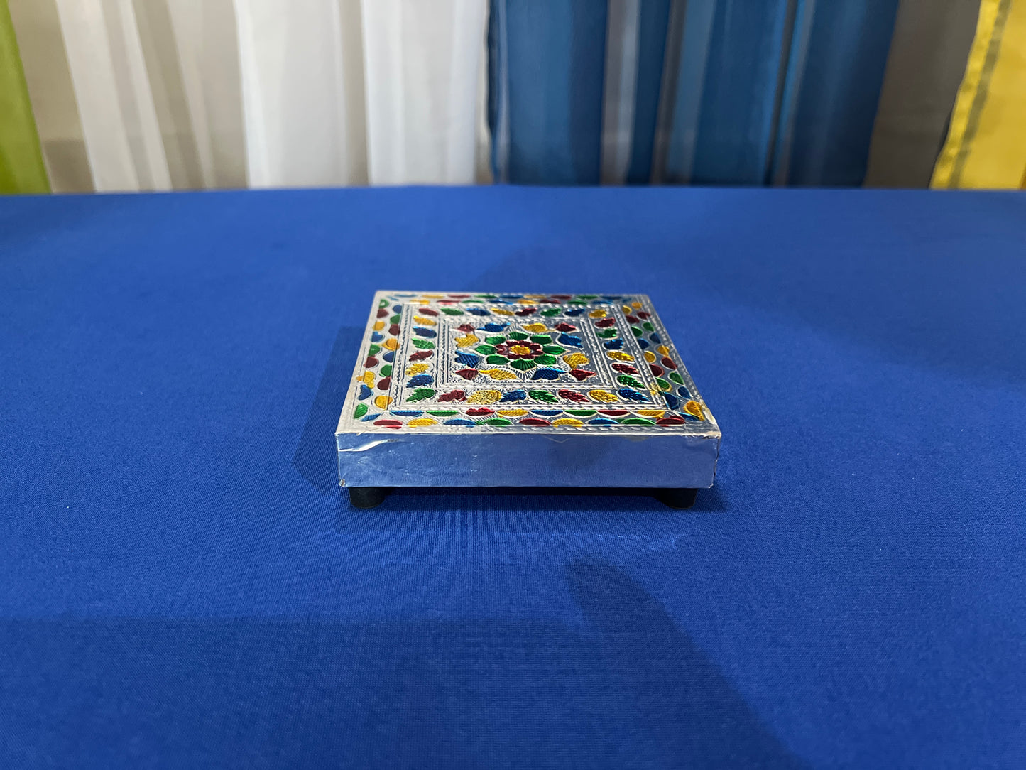 Oxidized Meenakari Bajot Decorative Pooja Chowki Beautiful Handmade Bajot Indian Wooden Chowki God Sitting Stool Traditional Pooja Stool Wooden Handmade Meenakari Work Pooja Chowki