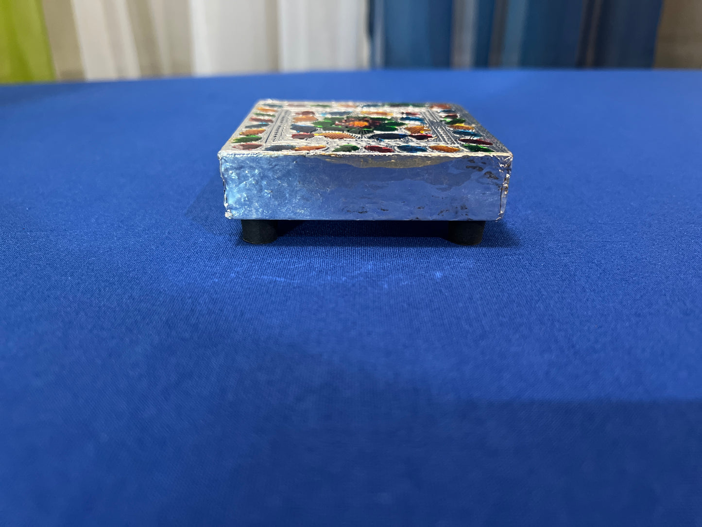 Oxidized Meenakari Bajot Decorative Pooja Chowki Beautiful Handmade Bajot Indian Wooden Chowki God Sitting Stool Traditional Pooja Stool Wooden Handmade Meenakari Work Pooja Chowki