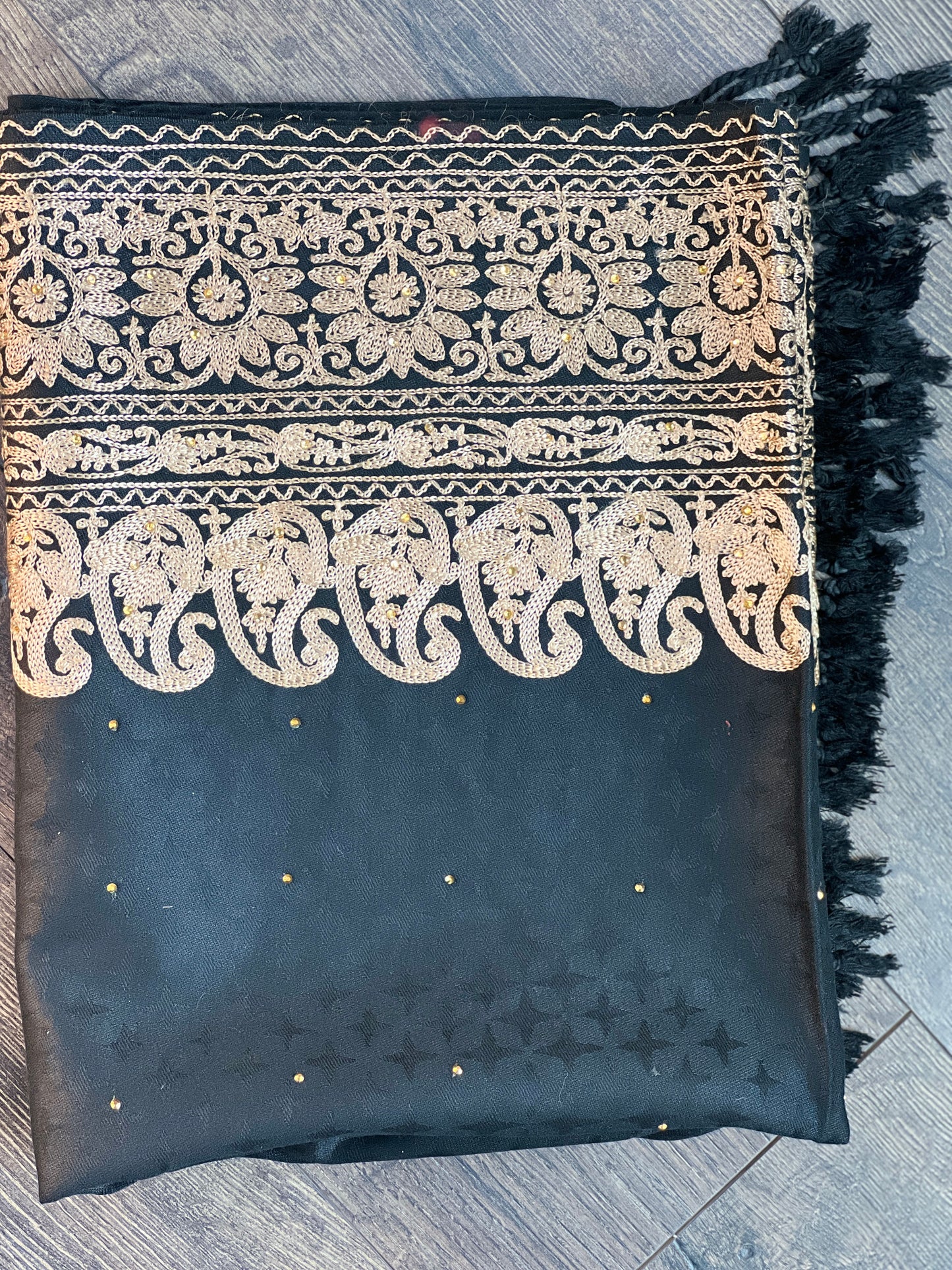 Silk Wool Blend Scarves Stole With Shimmery Crystal Work and Hand Embroidery