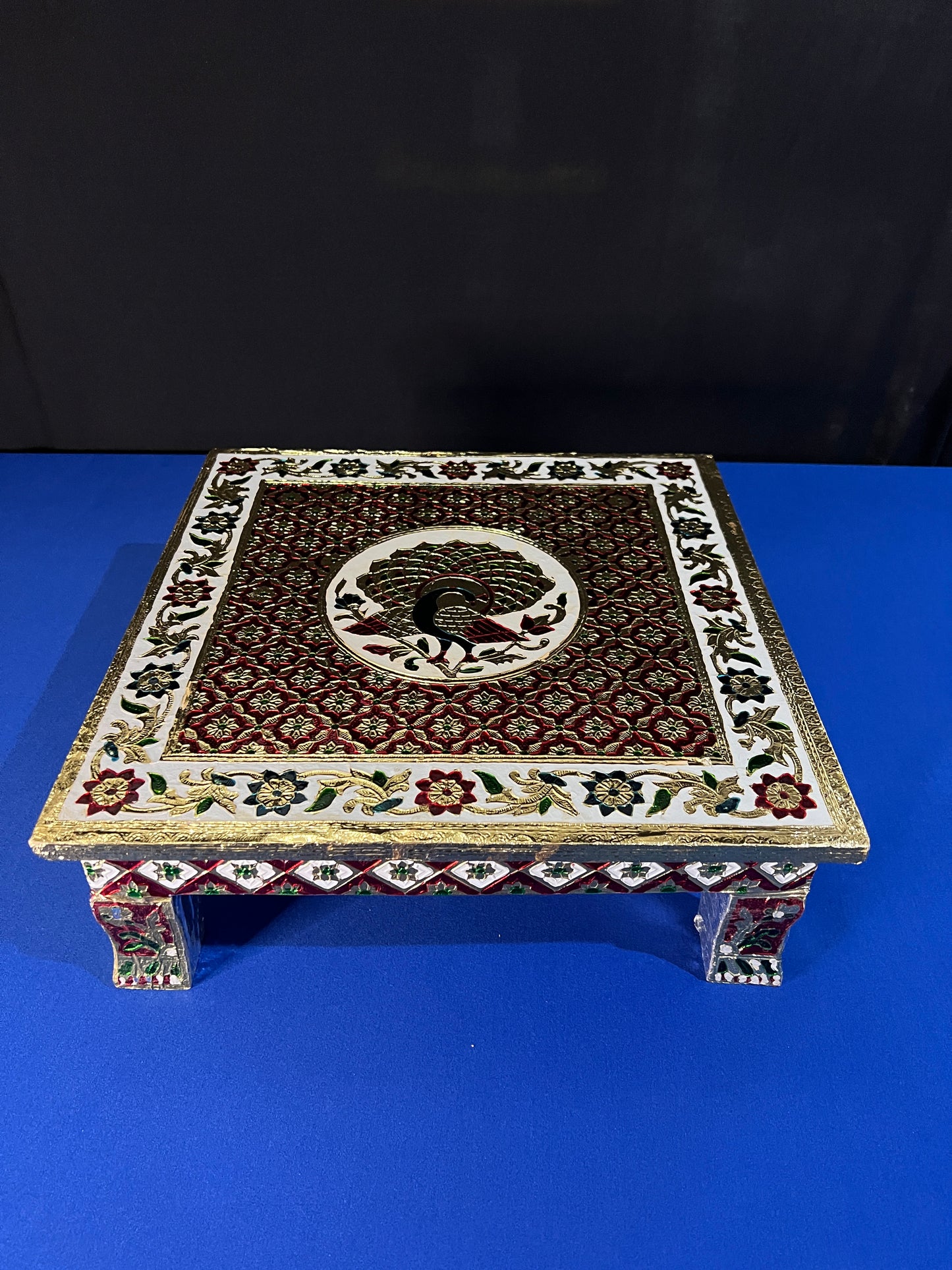 Indian Wooden Chowki for Pooja Table Handmade Oxidize Meenakari Bajot Patla Tradition Pooja Stool Indian Puja Stool Chowki For Diwali Gift