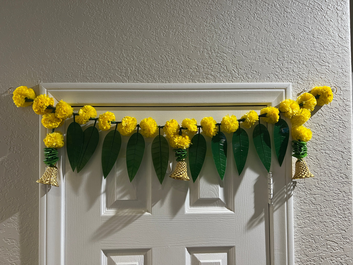 Artificial Marigold Flower Garlands with Bell and Mango Leaf Yellow Door Toran/Decorative Hanging Bandanwar for Parties Indian Puja New Year Décor