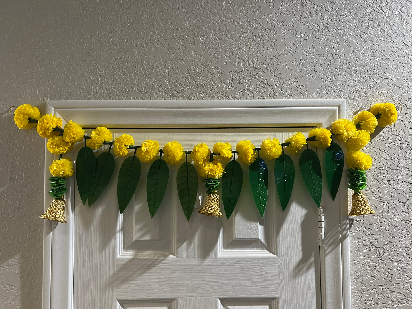 Artificial Marigold Flower Garlands with Bell and Mango Leaf Yellow Door Toran/Decorative Hanging Bandanwar for Parties Indian Puja New Year Décor