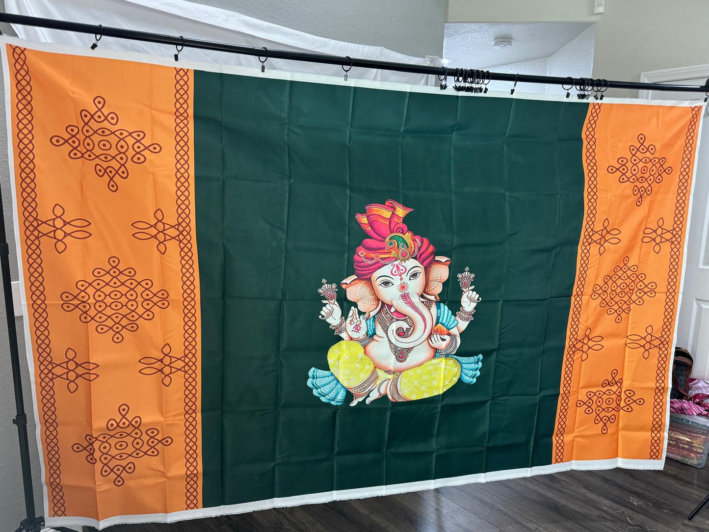Indian Pooja Cloth Backdrop For Housewarming | Festival | Home Decoration | Functions | Home Pooja And For All Traditional Events 5x8 feet