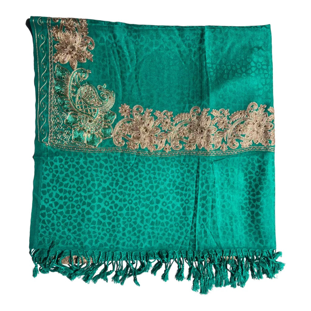 Silk Wool Blend Scarves Stole With Shimmery Crystal Work and Hand Embroidery