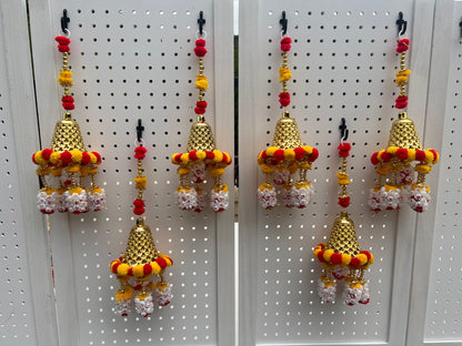 (Pack of 2) Handmade Wall Door Pom Pom String with Golden Beads, Golden Bell with Pom Pom, Hanging Torans Decoration Item for Home Decor Diwali Festival, Navratri, Wedding