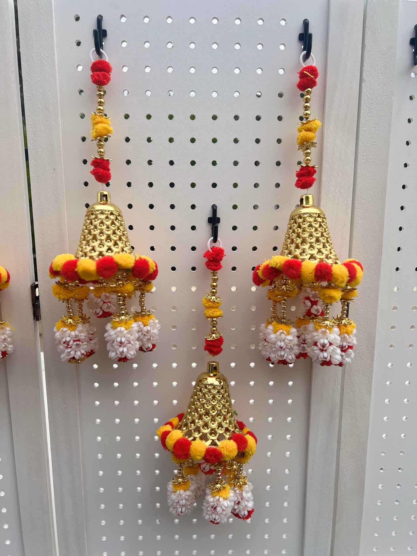 (Pack of 2) Handmade Wall Door Pom Pom String with Golden Beads, Golden Bell with Pom Pom, Hanging Torans Decoration Item for Home Decor Diwali Festival, Navratri, Wedding