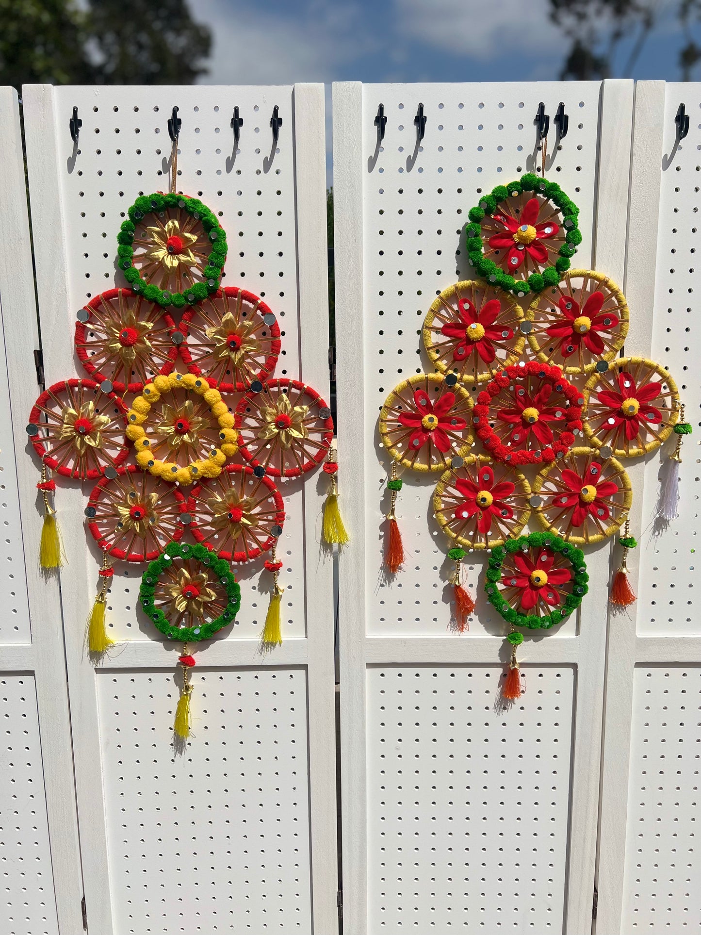 Handmade Wall Hanging Pom Pom String with 9 Chakri Traditional Decoration for wedding, Party, Baby Shower, House Warming, Festival Decoration, Pooja Event (Height ~ 2 FT)