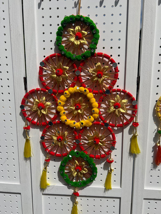 Handmade Wall Hanging Pom Pom String with 9 Chakri Traditional Decoration for wedding, Party, Baby Shower, House Warming, Festival Decoration, Pooja Event (Height ~ 2 FT)