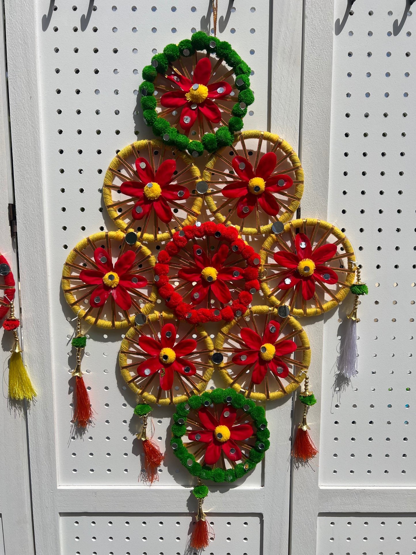 Handmade Wall Hanging Pom Pom String with 9 Chakri Traditional Decoration for wedding, Party, Baby Shower, House Warming, Festival Decoration, Pooja Event (Height ~ 2 FT)