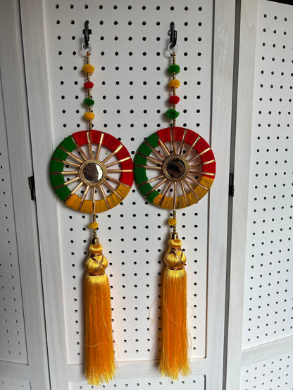 (Pack of 2) Traditional Decoration with pompom beads and tessel for Wall Hanging, Wall Art Showpiece, Decorative Hanging, Birthday Gift, Diwali Gift, Home Decor, Baby Shower, House Warming, Festival Decoration, Pooja Event