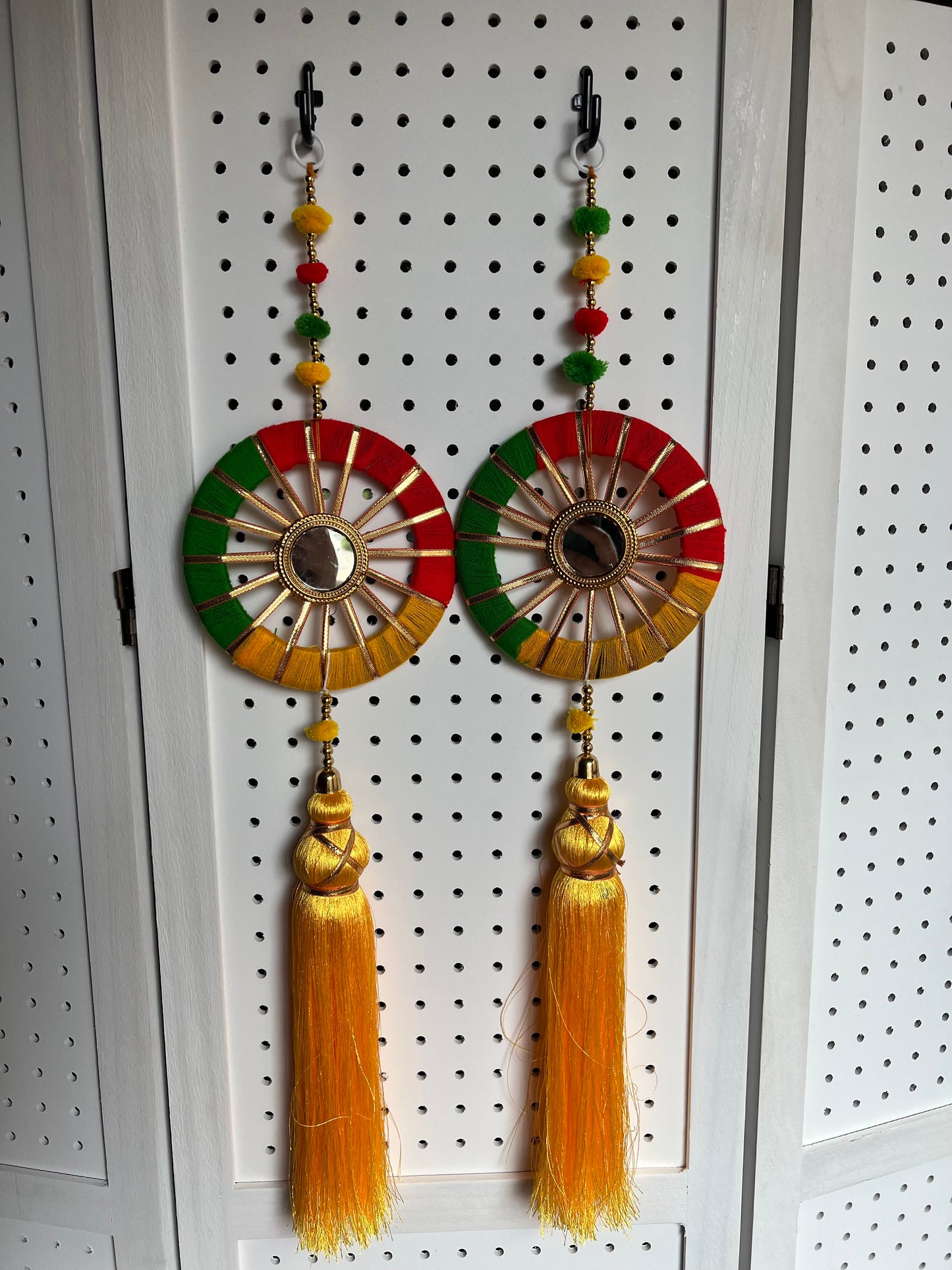 (Pack of 2) Traditional Decoration with pompom beads and tessel for Wall Hanging, Wall Art Showpiece, Decorative Hanging, Birthday Gift, Diwali Gift, Home Decor, Baby Shower, House Warming, Festival Decoration, Pooja Event