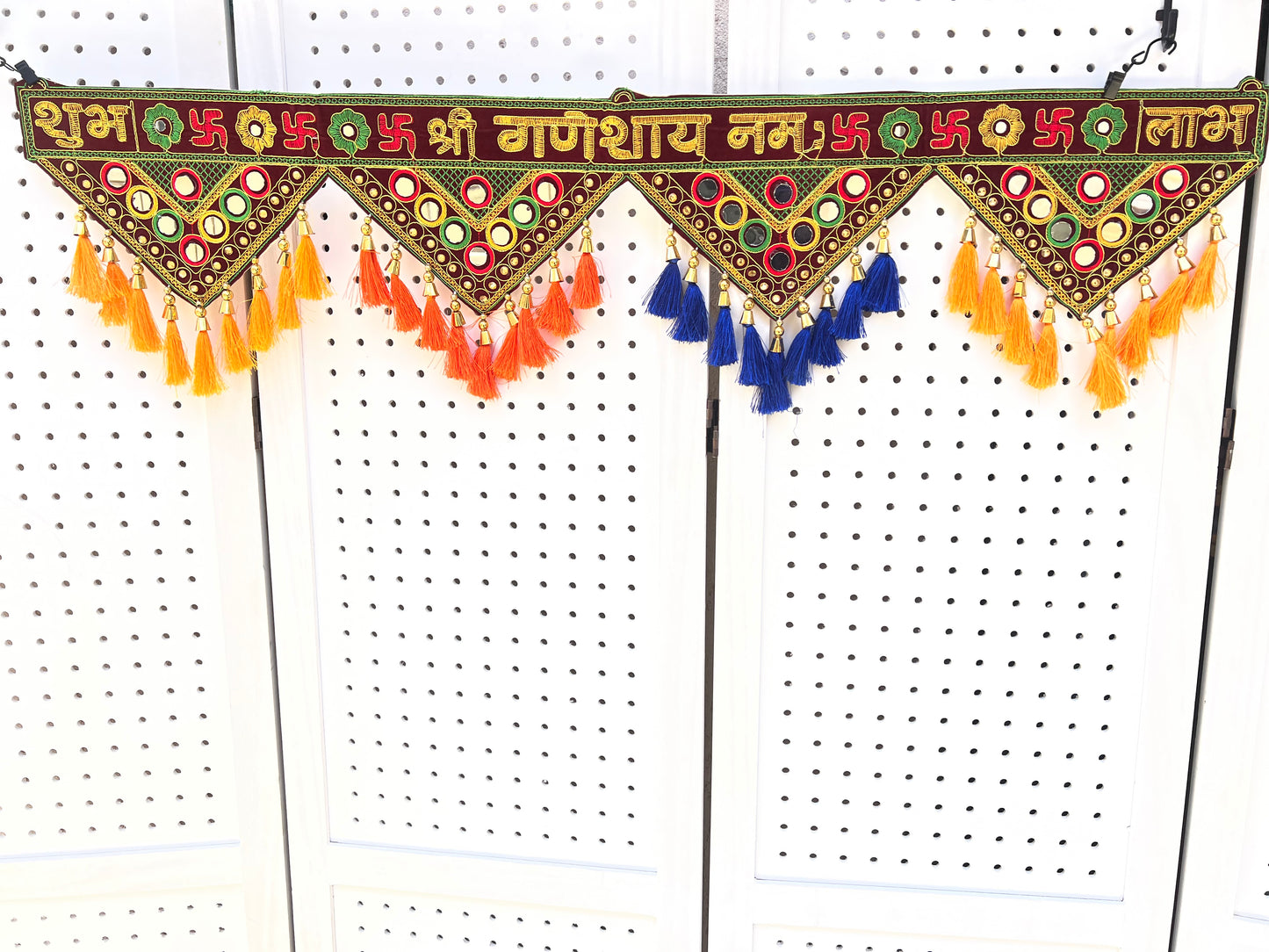 Shubh Labh Ganesha Toran Bandanwar Door Wall Cloth Hanging Traditional Indian Home Office Temple Pooja Deepawali Festival Decor Decoration Gifting