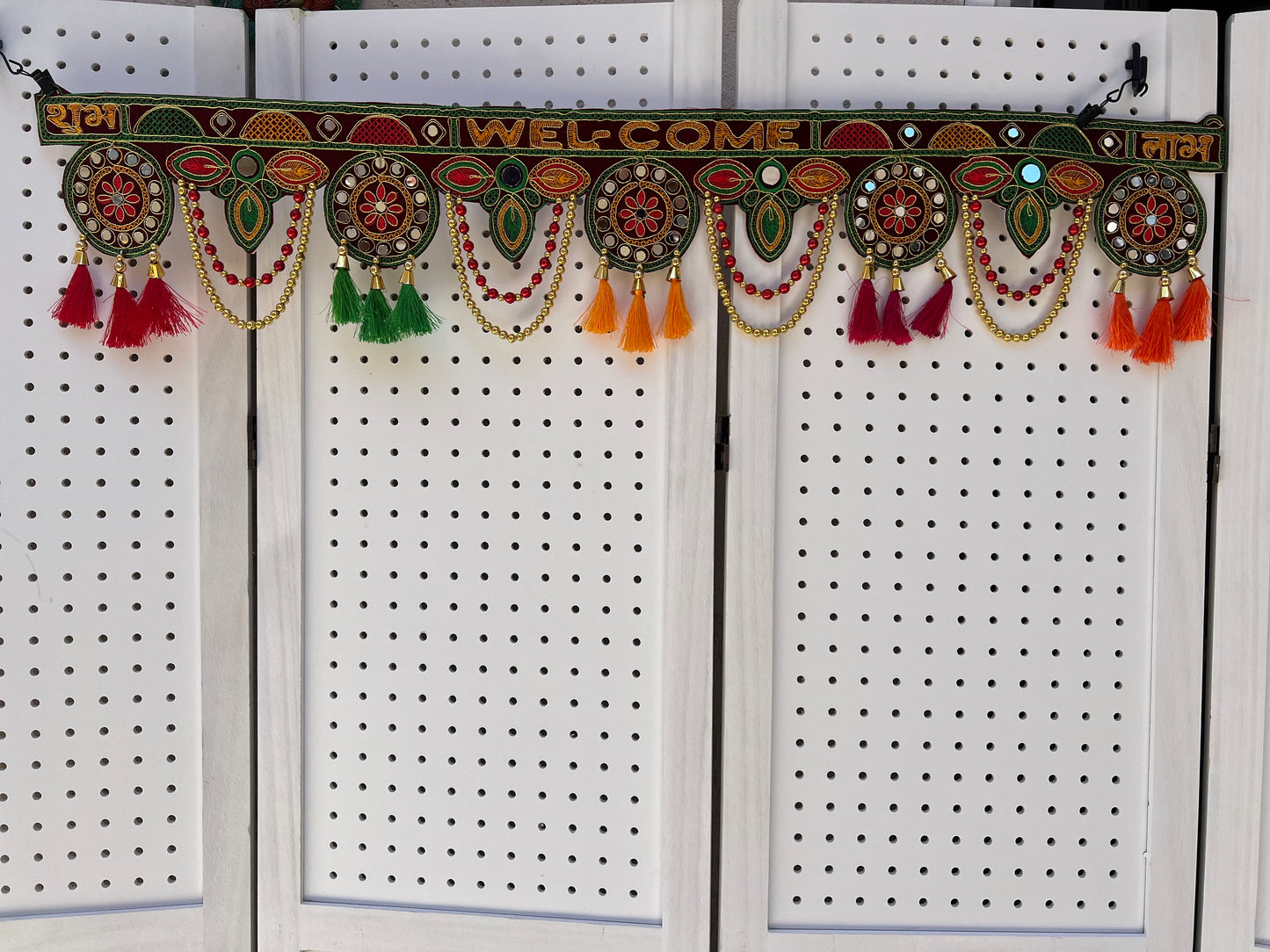 Shubh Labh Welcome Mirror Beads Toran Bandanwar Door Wall Cloth Hanging Traditional Indian Home Office Temple Pooja Deepawali Festival Decor Decoration Gifting