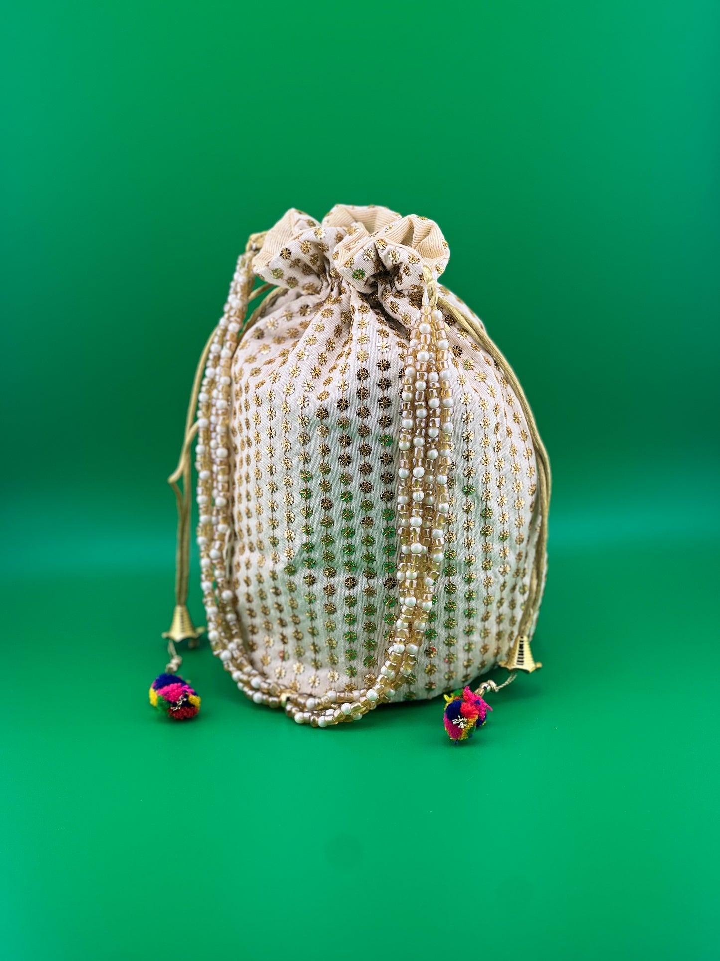 Bottom Flat Designer Traditional Indian Wedding Potli Bag | Indian Ethnic Potli Bag | Hand Bag | Hand Purse for Party Wedding and Gifting | Women Potli Bag | Pouch | Coin | Phone | Key | Jewellery Purse for Women & Girls