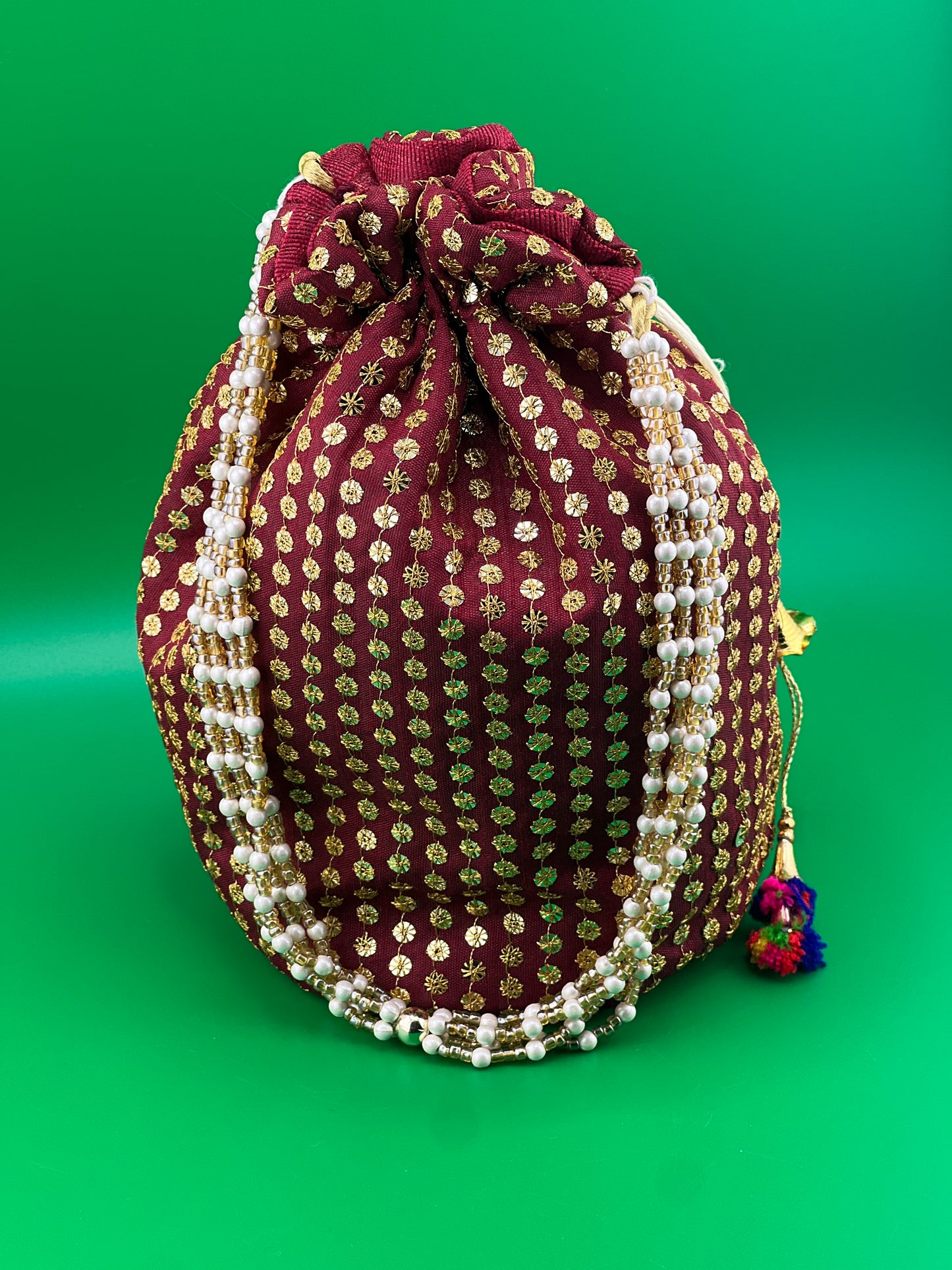 Bottom Flat Designer Traditional Indian Wedding Potli Bag | Indian Ethnic Potli Bag | Hand Bag | Hand Purse for Party Wedding and Gifting | Women Potli Bag | Pouch | Coin | Phone | Key | Jewellery Purse for Women & Girls