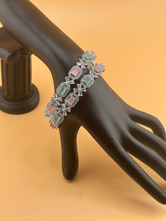 Pink+Mint Green Indian Silver American Diamond | CZ Bangles | Emerald Diamond Silver Bangle | CZ Diamond Bangle | Indian bangles | Bridal bangles | Bracelet | Indian Wedding Jewelry | Cubic Zirconia Bangle Jewelry Pack of 2