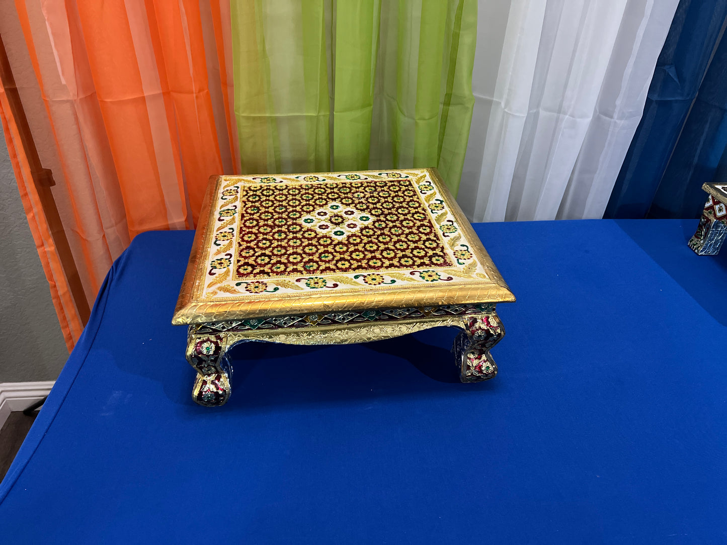 Indian Wooden Chowki for Pooja Table Handmade Oxidize Meenakari Bajot Patla Tradition Pooja Stool Indian Puja Stool Chowki For Diwali Gift