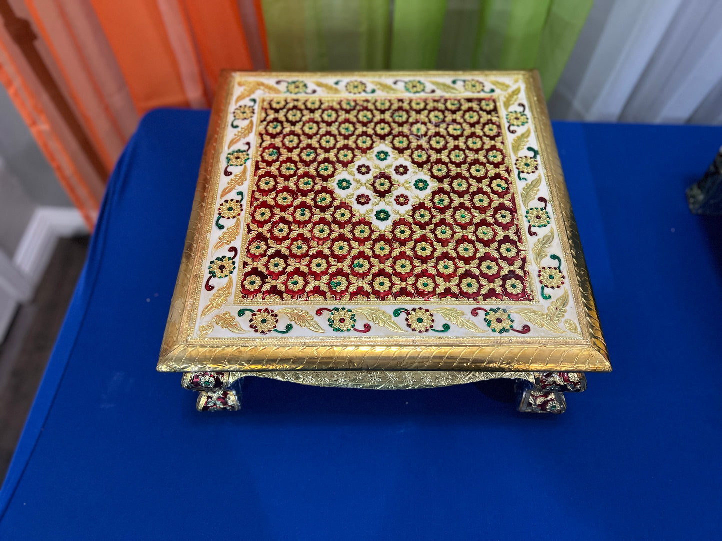 Indian Wooden Chowki for Pooja Table Handmade Oxidize Meenakari Bajot Patla Tradition Pooja Stool Indian Puja Stool Chowki For Diwali Gift