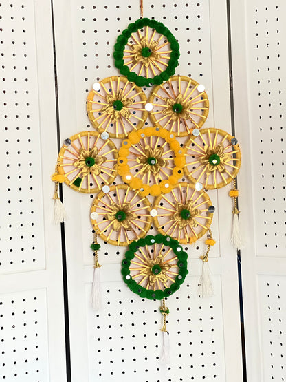 Handmade Wall Hanging Pom Pom String with 9 Chakri Traditional Decoration for wedding, Party, Baby Shower, House Warming, Festival Decoration, Pooja Event (Height ~ 2 FT)