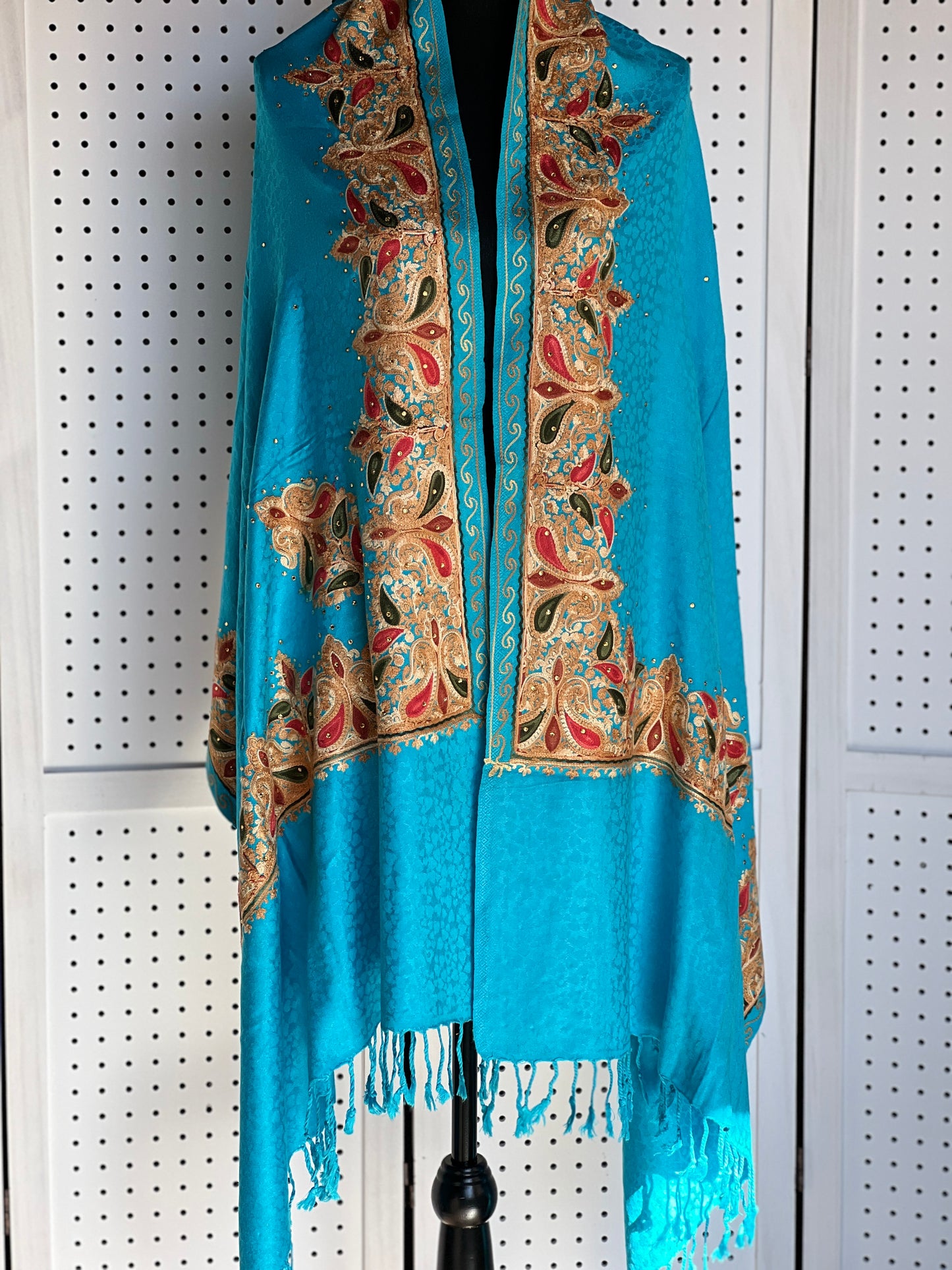 Silk Wool Blend Scarves Stole With Shimmery Crystal Work and Hand Embroidery