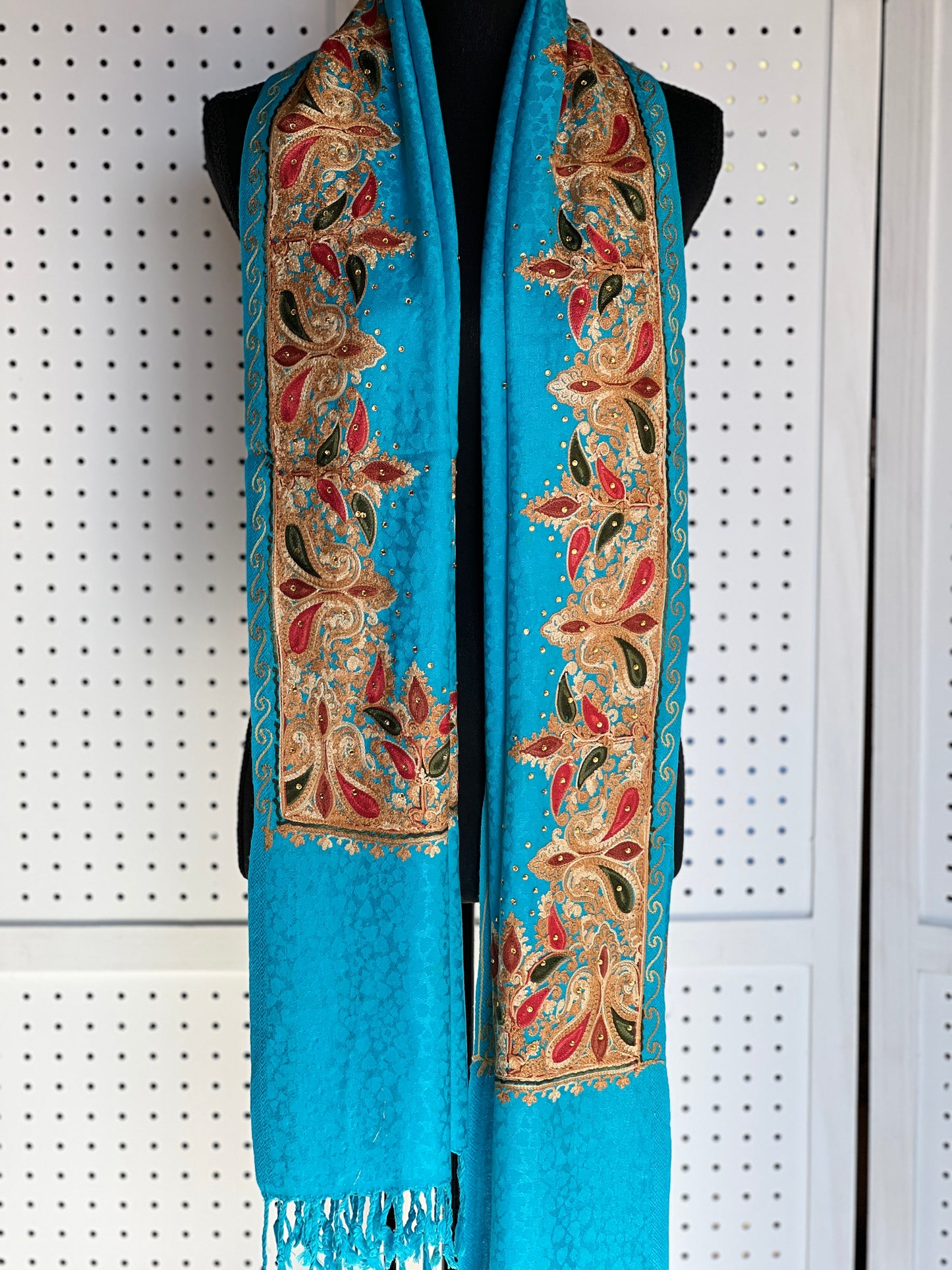 Silk Wool Blend Scarves Stole With Shimmery Crystal Work and Hand Embroidery