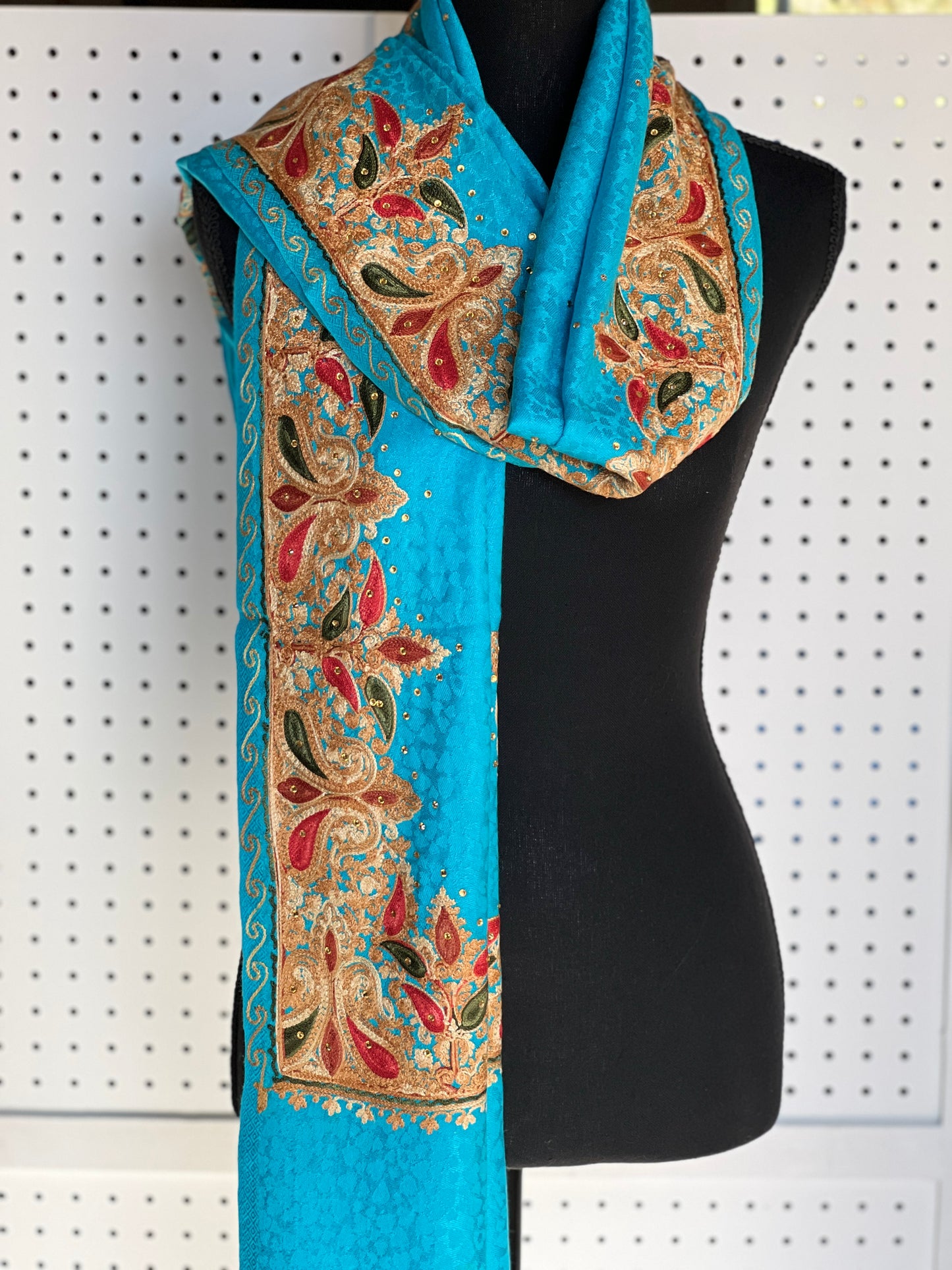 Silk Wool Blend Scarves Stole With Shimmery Crystal Work and Hand Embroidery