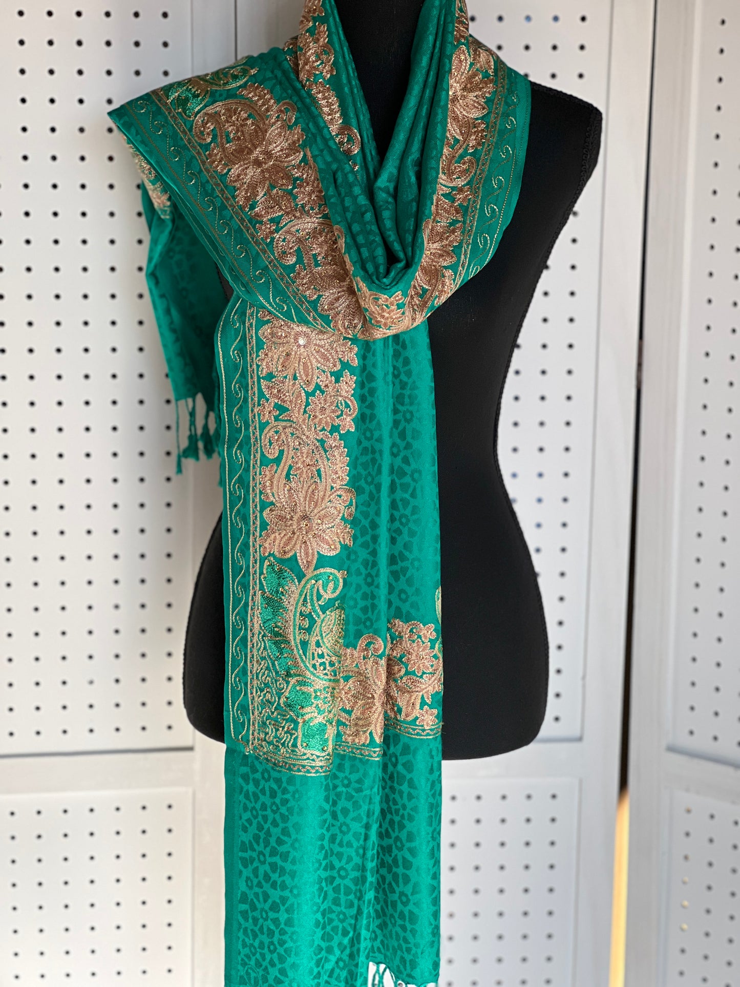 Silk Wool Blend Scarves Stole With Shimmery Crystal Work and Hand Embroidery