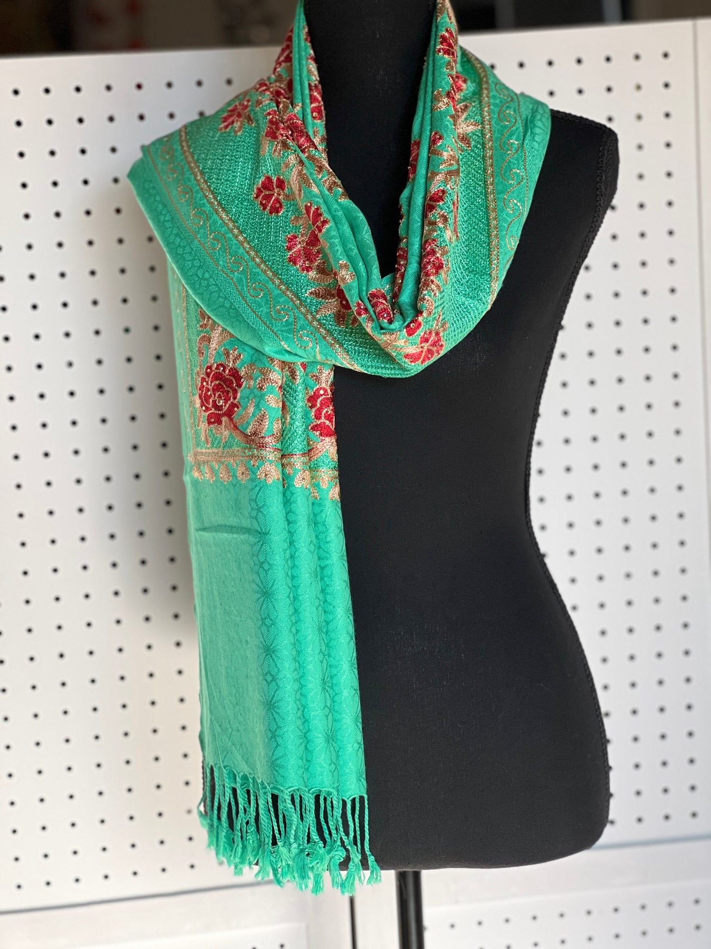 Silk Wool Blend Scarves Stole With Shimmery Crystal Work and Hand Embroidery