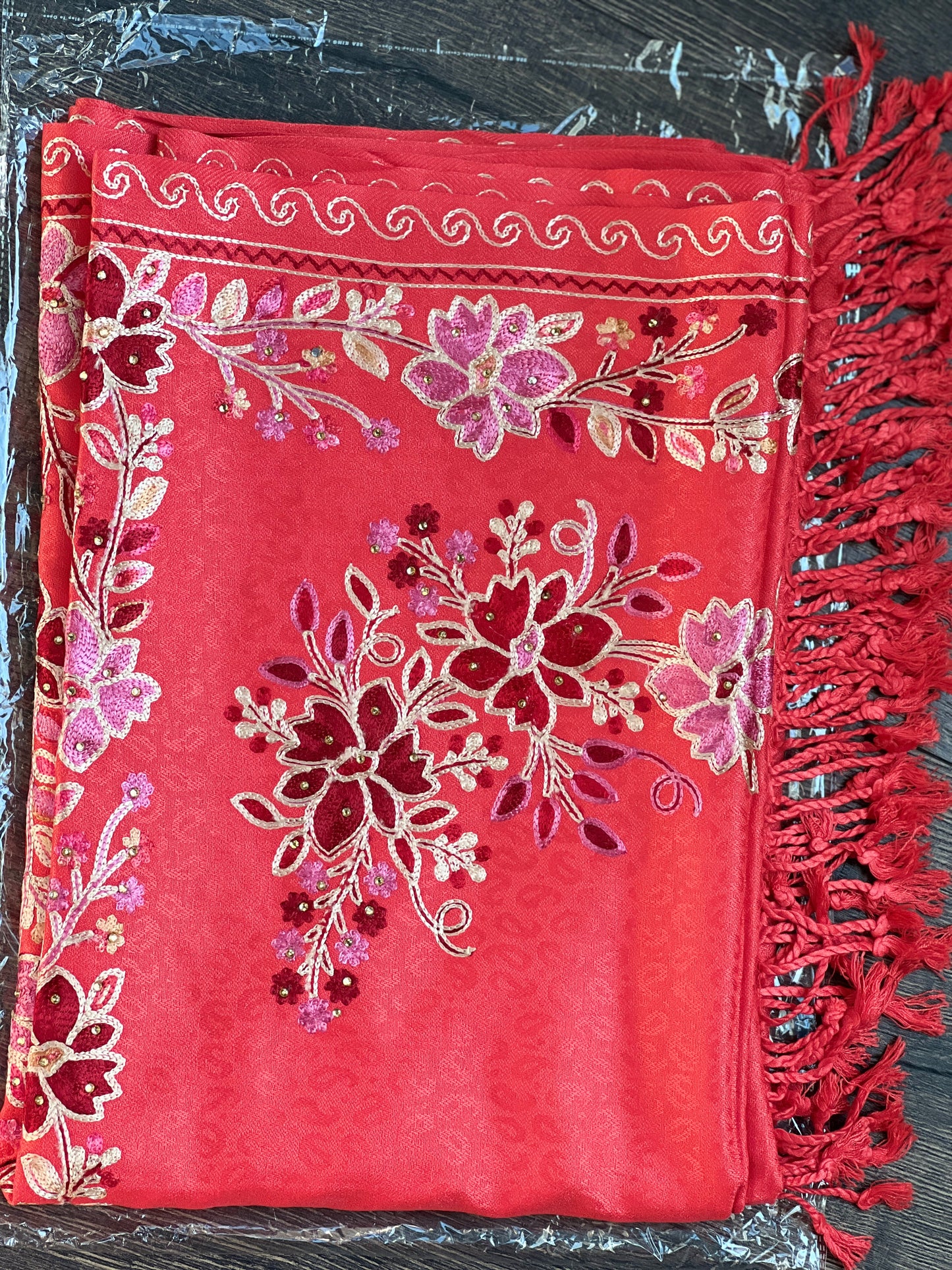 Silk Wool Blend Scarves Stole With Shimmery Crystal Work and Hand Embroidery