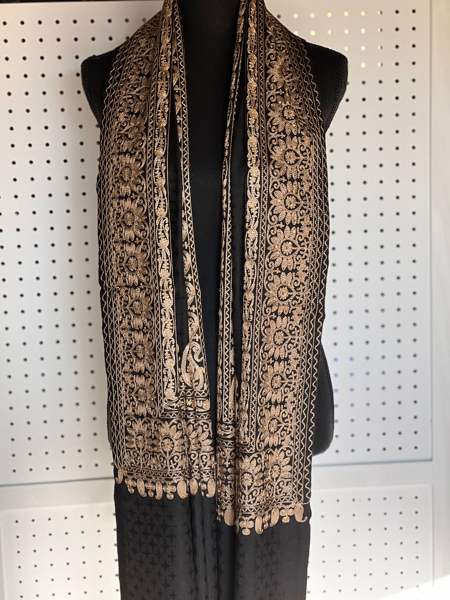 Silk Wool Blend Scarves Stole With Shimmery Crystal Work and Hand Embroidery