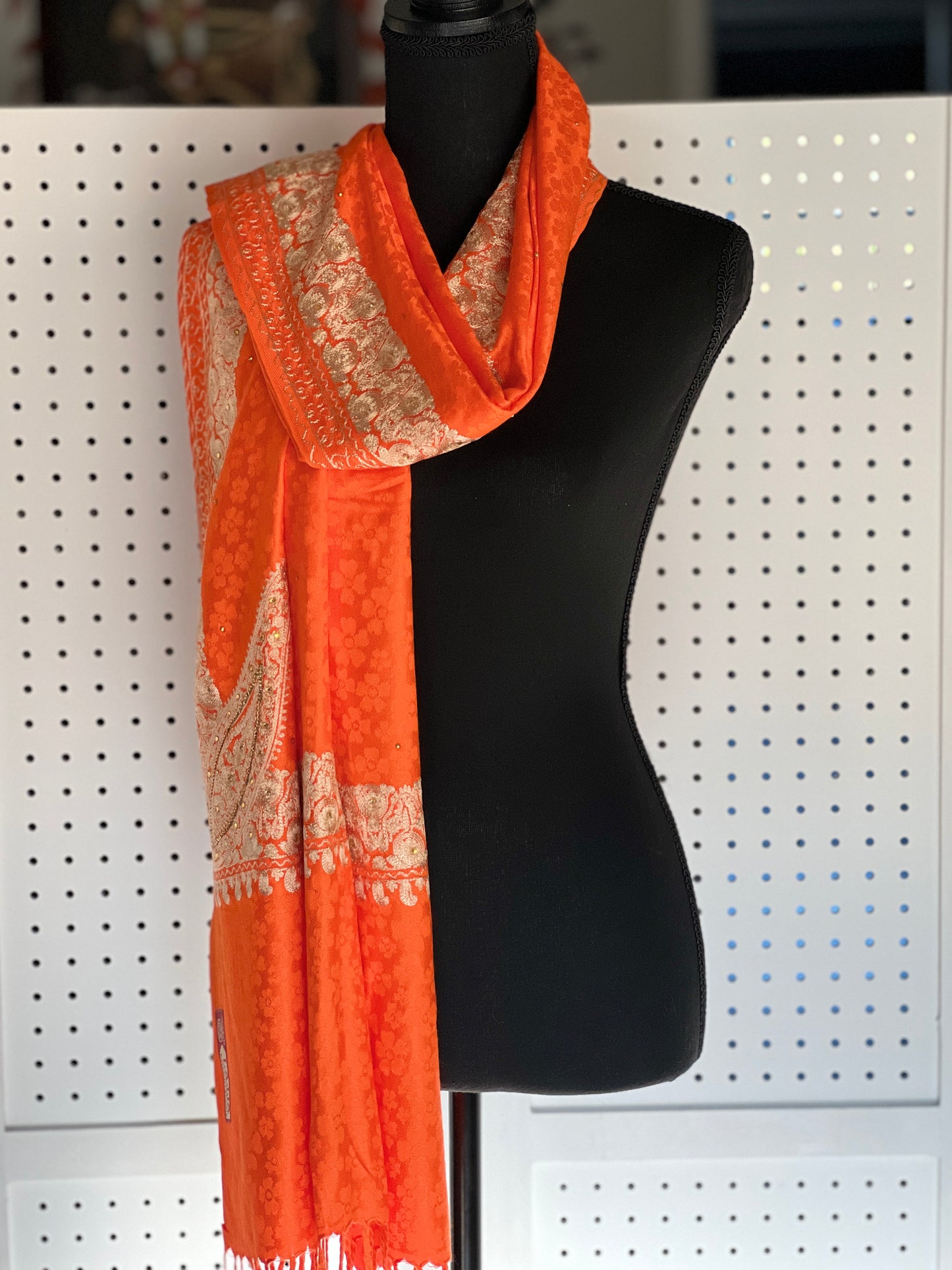 Silk Wool Blend Scarves Stole With Shimmery Crystal Work and Hand Embroidery