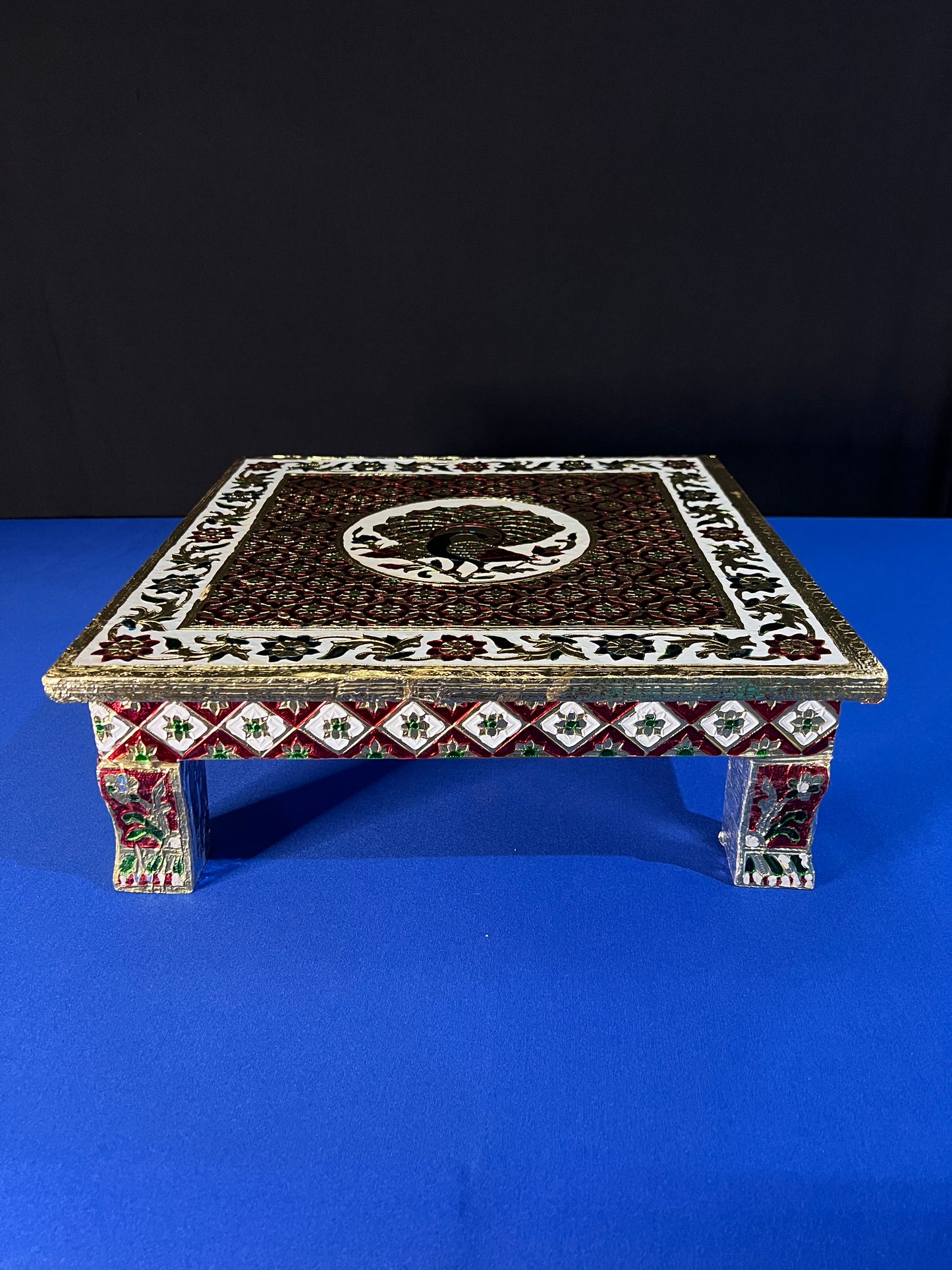 Indian Wooden Chowki for Pooja Table Handmade Oxidize Meenakari Bajot Patla Tradition Pooja Stool Indian Puja Stool Chowki For Diwali Gift