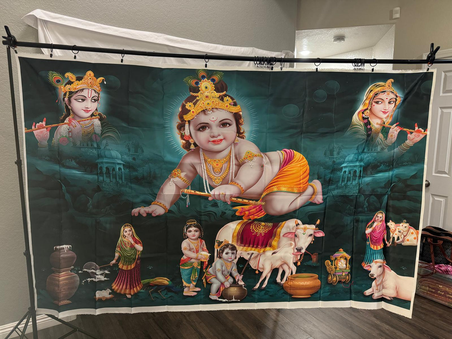 Indian Pooja Cloth Backdrop For Housewarming | Festival | Home Decoration | Functions | Home Pooja And For All Traditional Events 5x8 feet