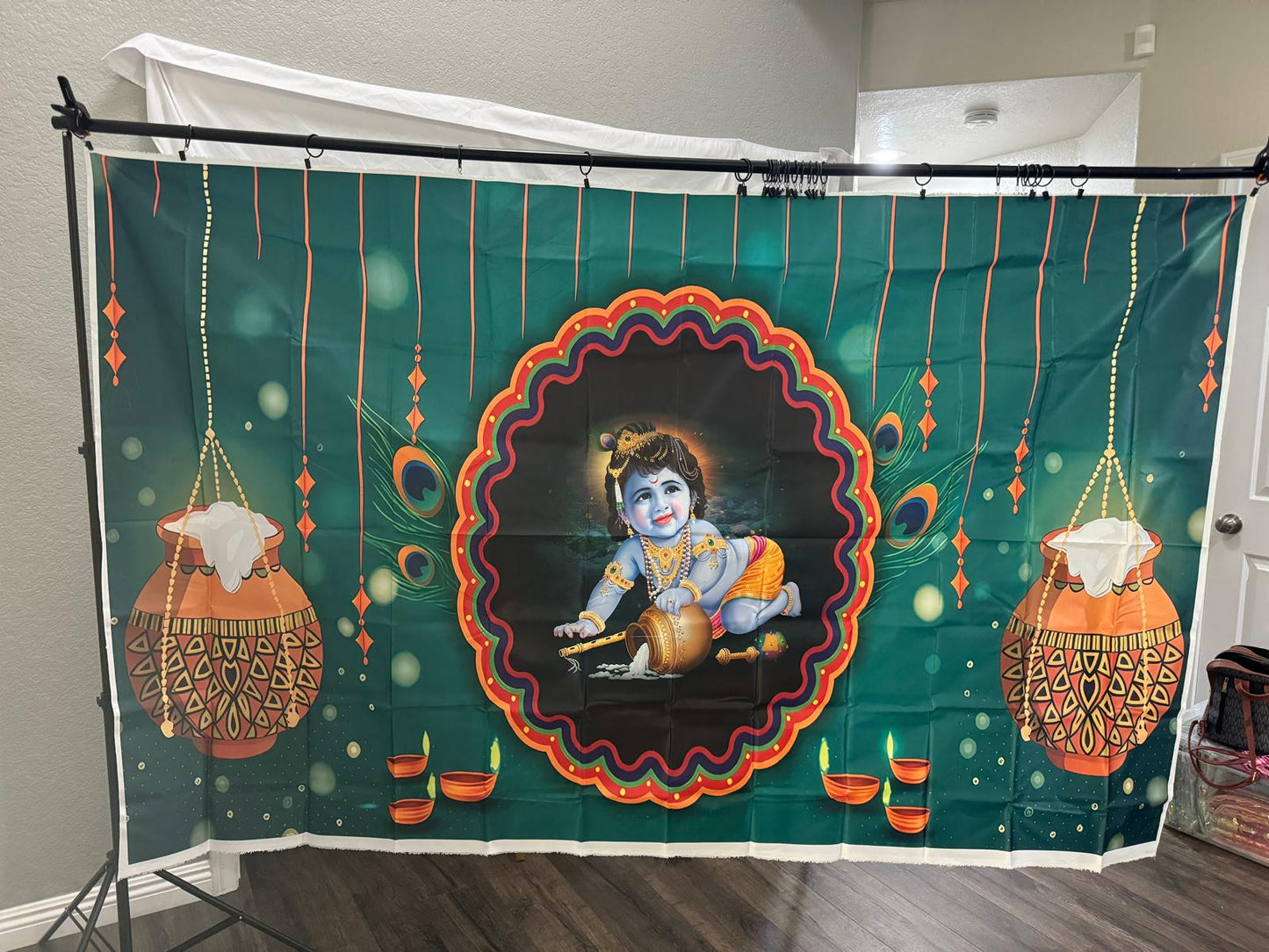 Indian Pooja Cloth Backdrop For Housewarming | Festival | Home Decoration | Functions | Home Pooja And For All Traditional Events 5x8 feet