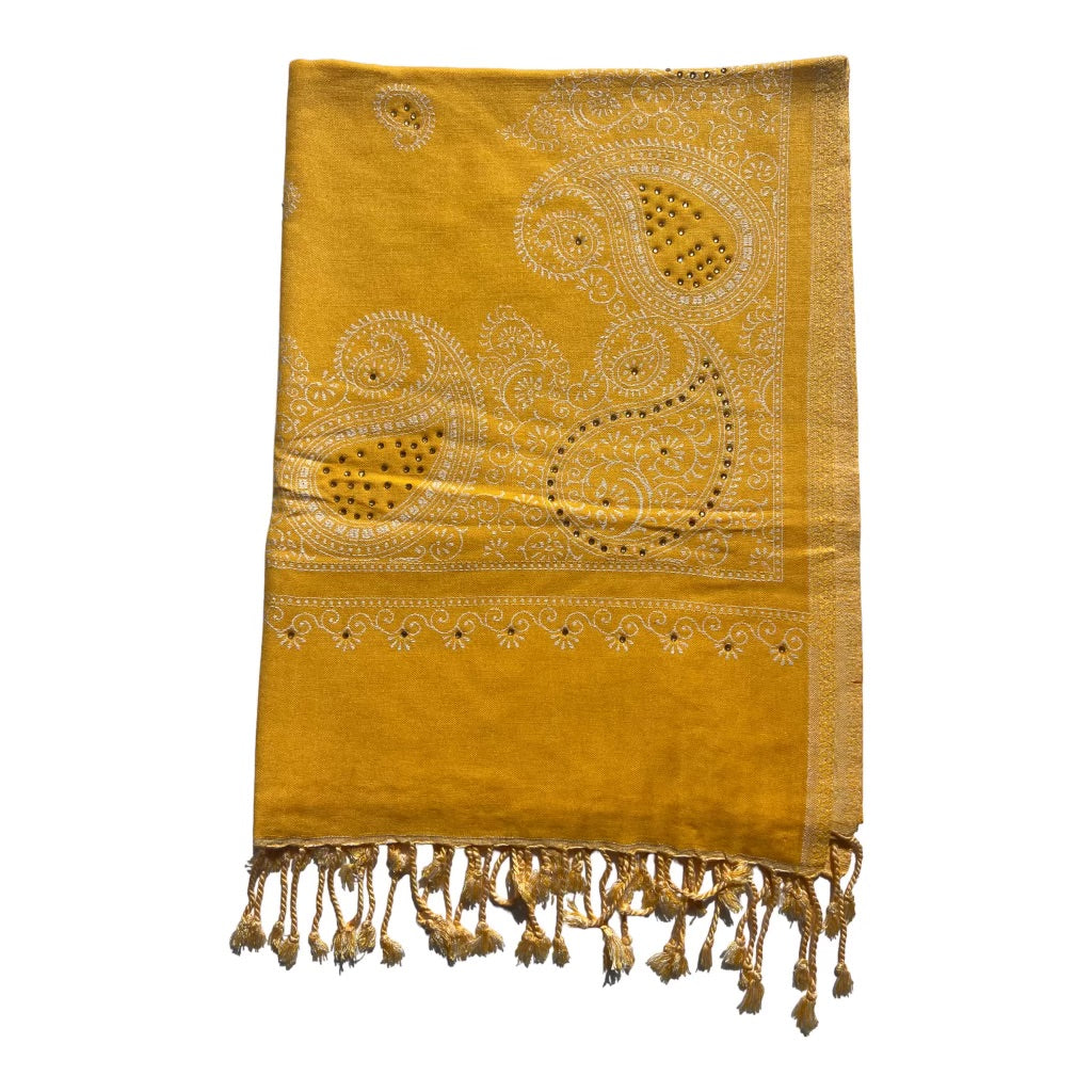 Silk Wool Blend Scarves Stole With Shimmery Crystal Work and Hand Embroidery