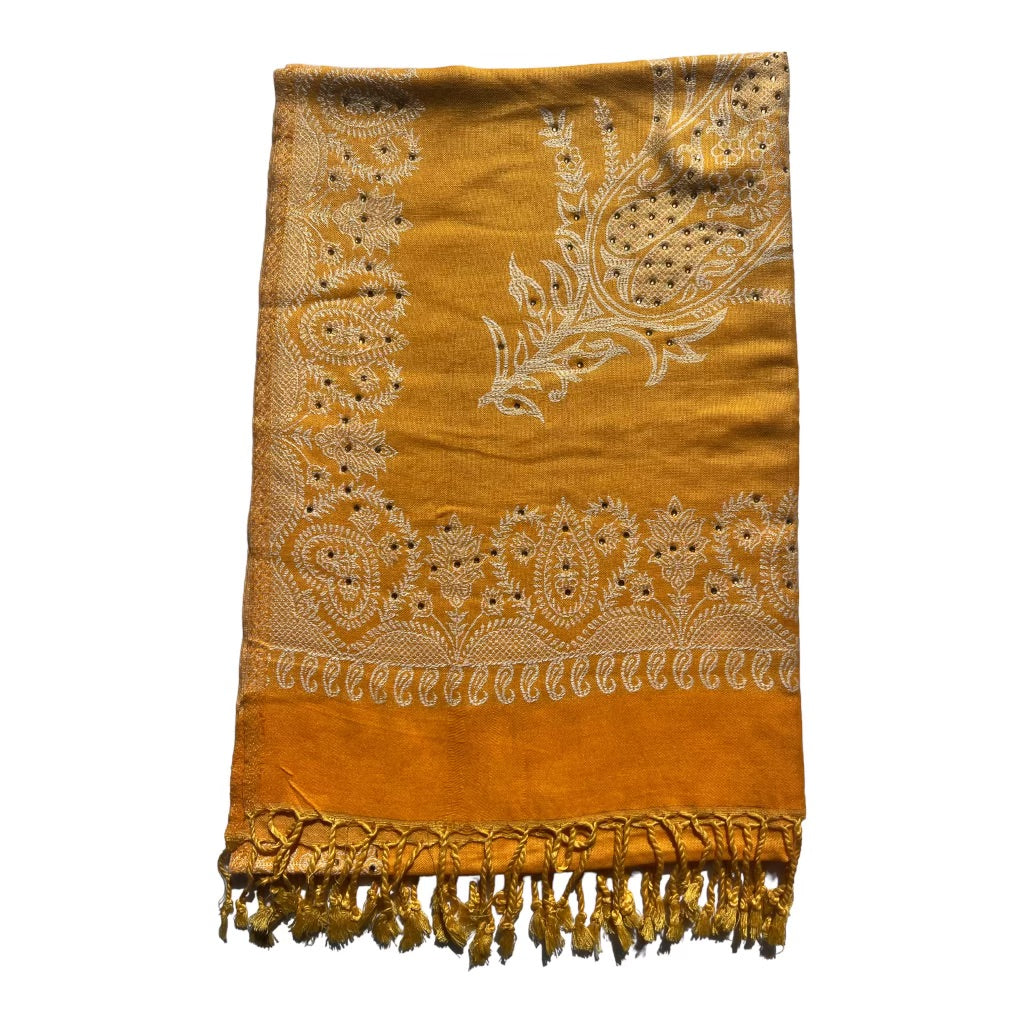 Silk Wool Blend Scarves Stole With Shimmery Crystal Work and Hand Embroidery