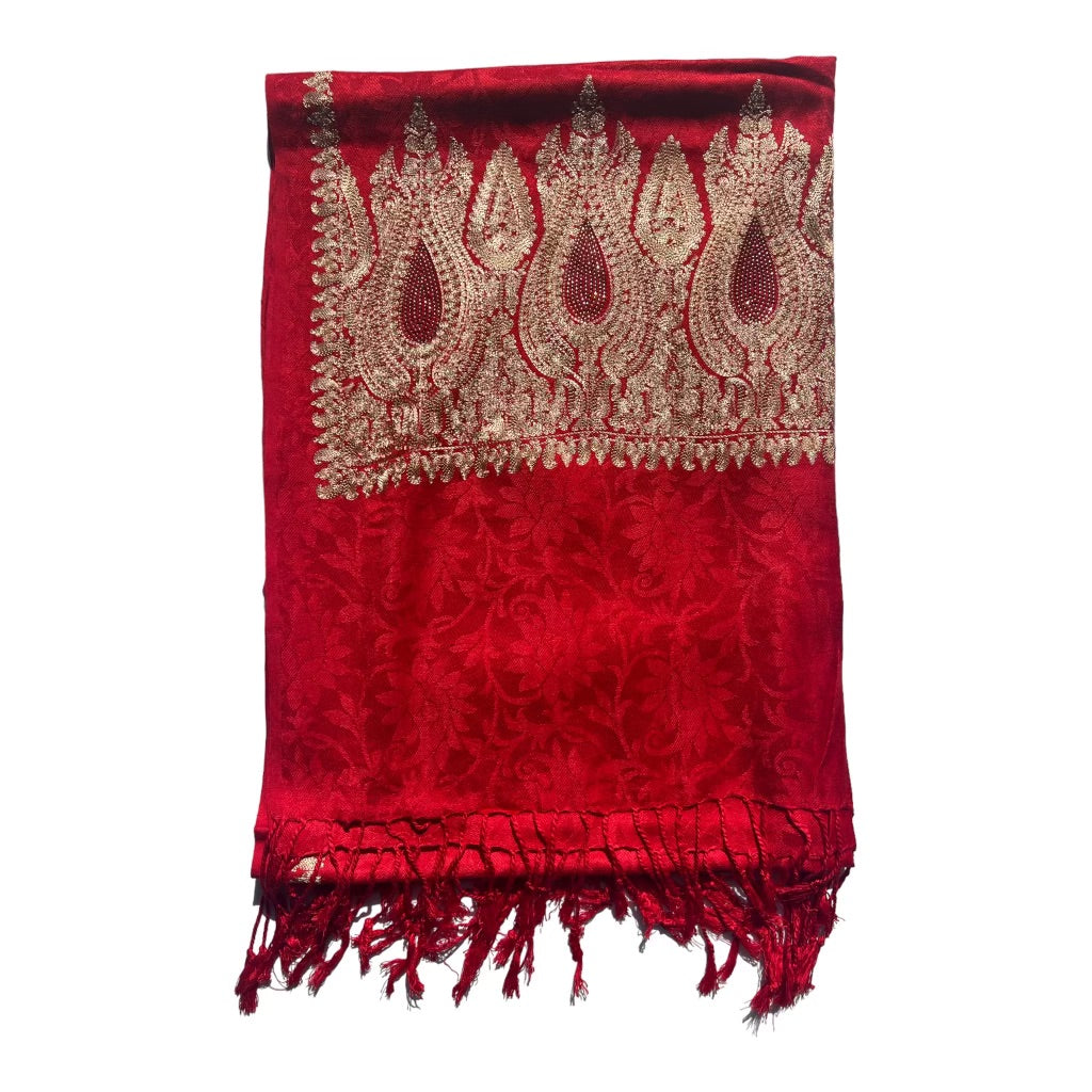 Silk Wool Blend Scarves Stole With Shimmery Crystal Work and Hand Embroidery