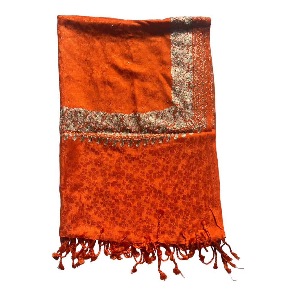 Silk Wool Blend Scarves Stole With Shimmery Crystal Work and Hand Embroidery