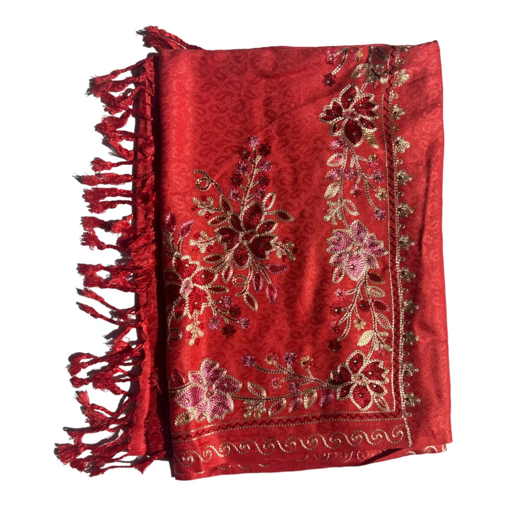 Silk Wool Blend Scarves Stole With Shimmery Crystal Work and Hand Embroidery