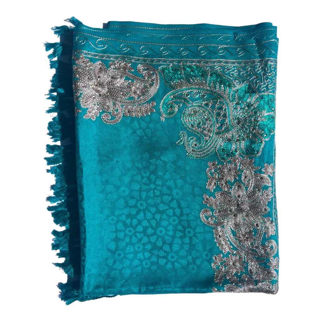 Silk Wool Blend Scarves Stole With Shimmery Crystal Work and Hand Embroidery