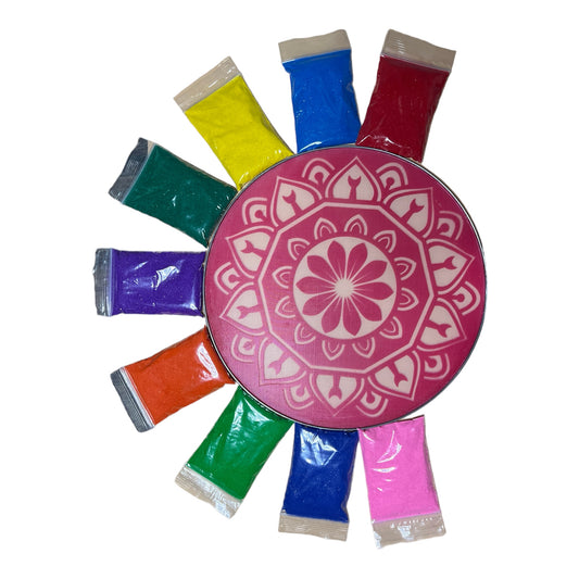 Reusable Happy Diwali Rangoli Set Stencils 12 Inch With 9 Pouches (~225 gm pouch) of Rangoli Colour Festival/Festive Multi Colors Powder Art Crafts Painting, Diwali Housewarming Return Gifts Items